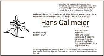 Traueranzeige von Hans Gallmeier von Pegnitz-Zeitung